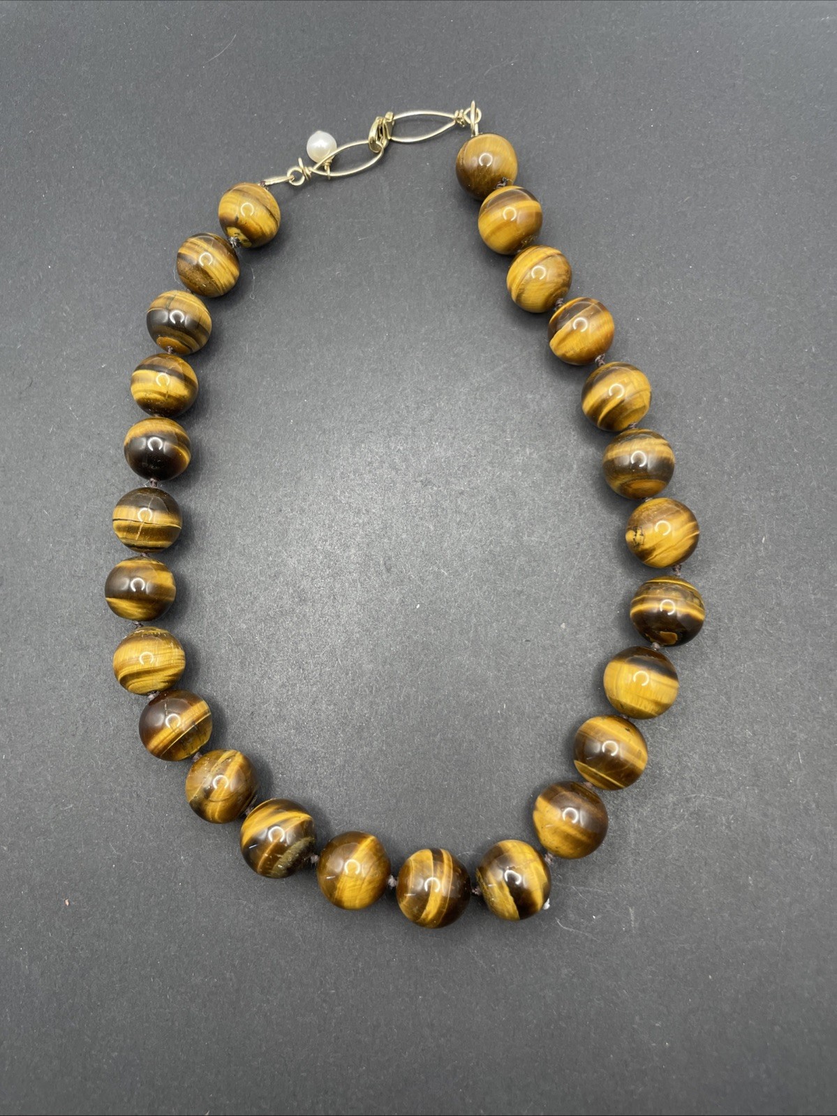 Tigers Eye Hand Knotted 10mm Beaded Necklace With Gold Filled Findings D15