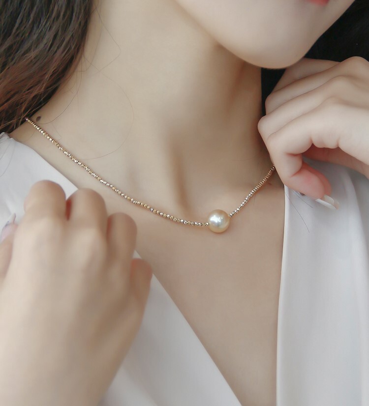Natural 13.9mm South Sea Golden Pearl Necklace, Sunset Deep Gold with 18K Gold