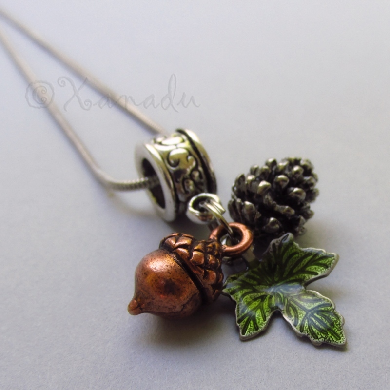 Autumn Fall Pendant Necklace With Silver Pine Cone, Copper Acorn And Green Leaf