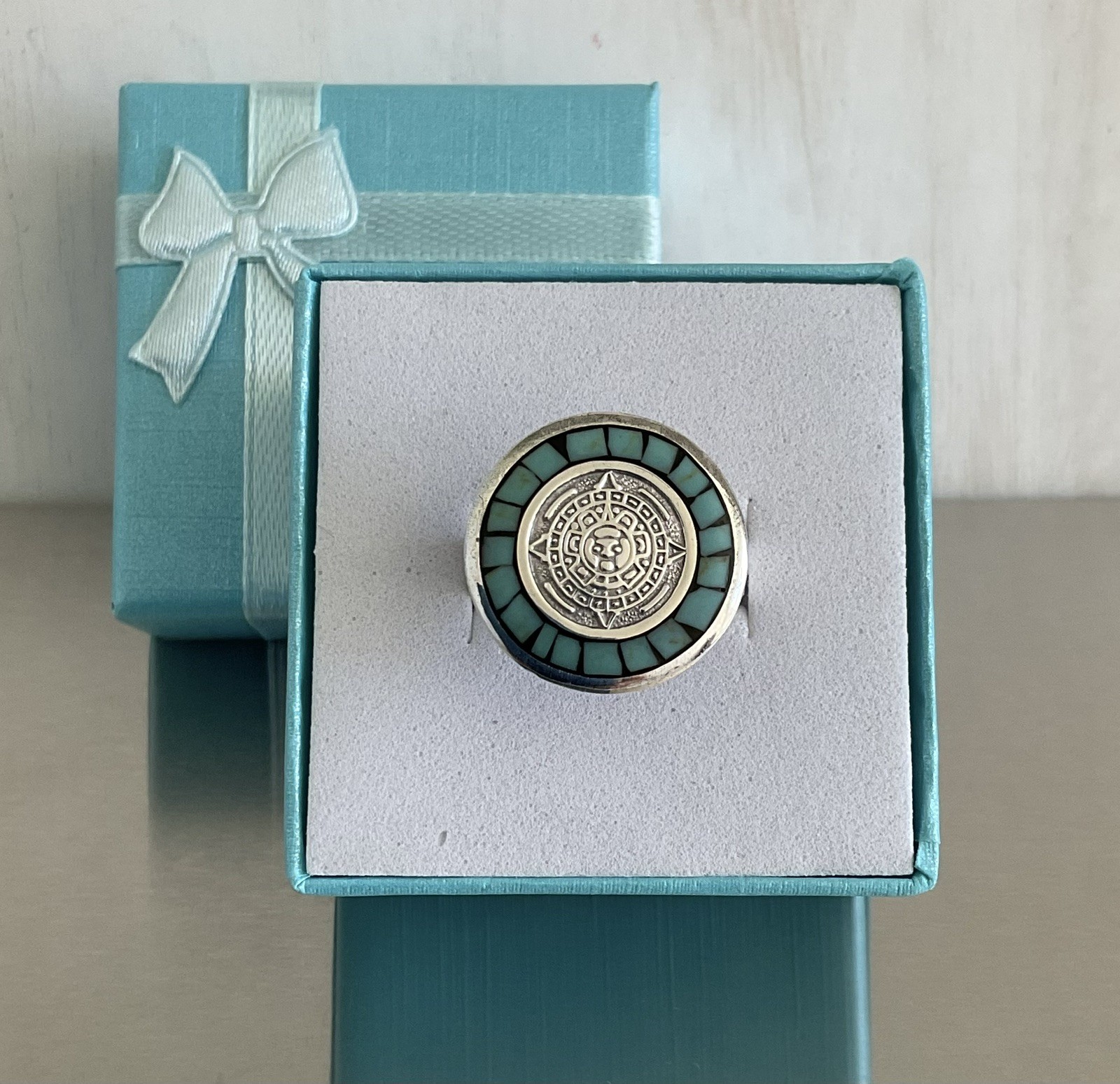 Turquoise Chip Inlay Aztec Calendar Motif Ring 925 Sterling Silver Size 7