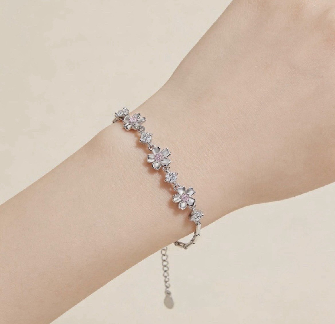 Pink Crystal Flower Tennis Bracelet 925 Sterling Silver Dainty Girly +FREE GIFT