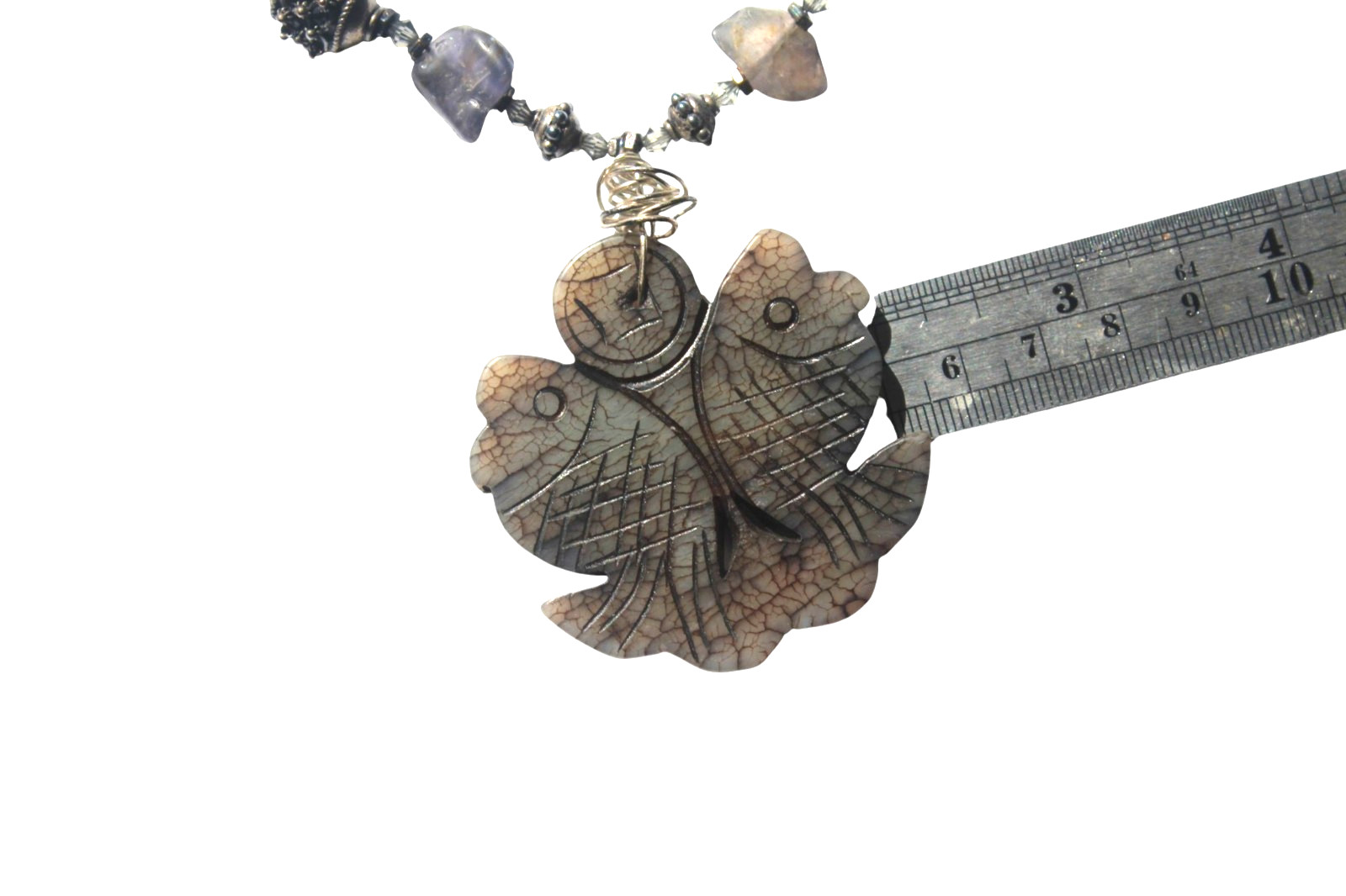 Silver Tone Carved Stone Fish Necklace Open Work Beaded Unique Koi Pisces Asian