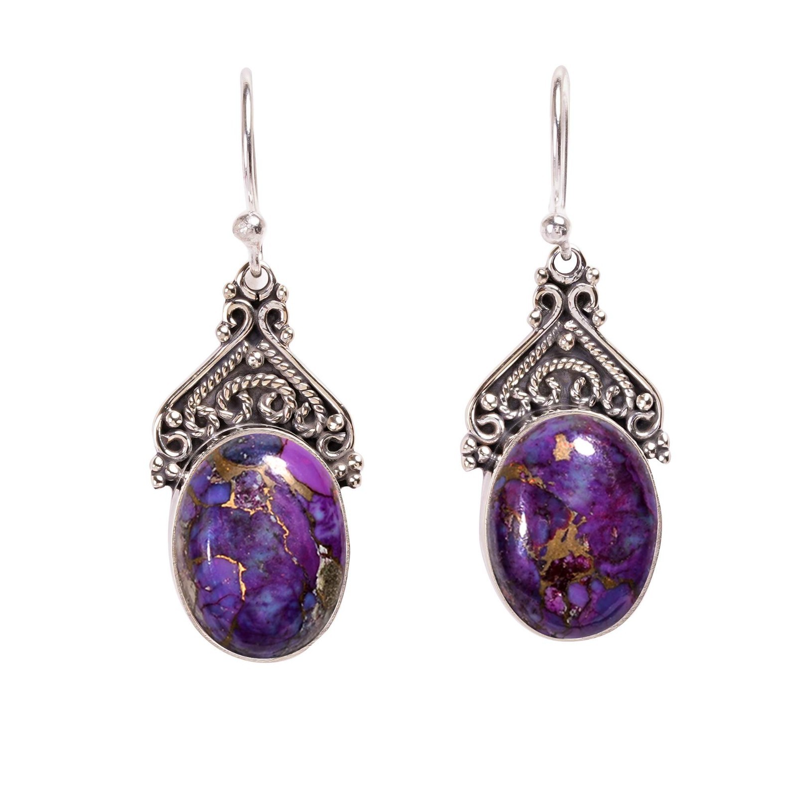 Composite Copper Purple Turquoise 925 Silver Dangle Drop Earring “Cabochon Cut”