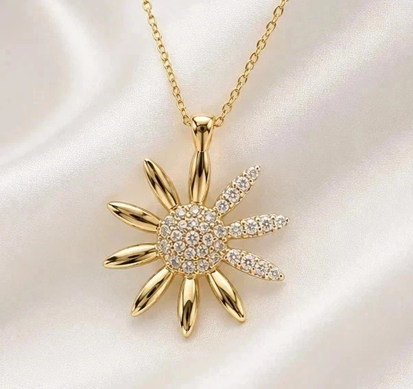1Ct Round Cut Real Moissanite Women Sunflower Pendant 14K Yellow Gold Plated