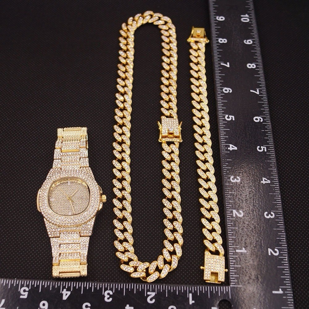 3 Piece Set , Necklace, Bracelet, Watch – Gold Plated 14K