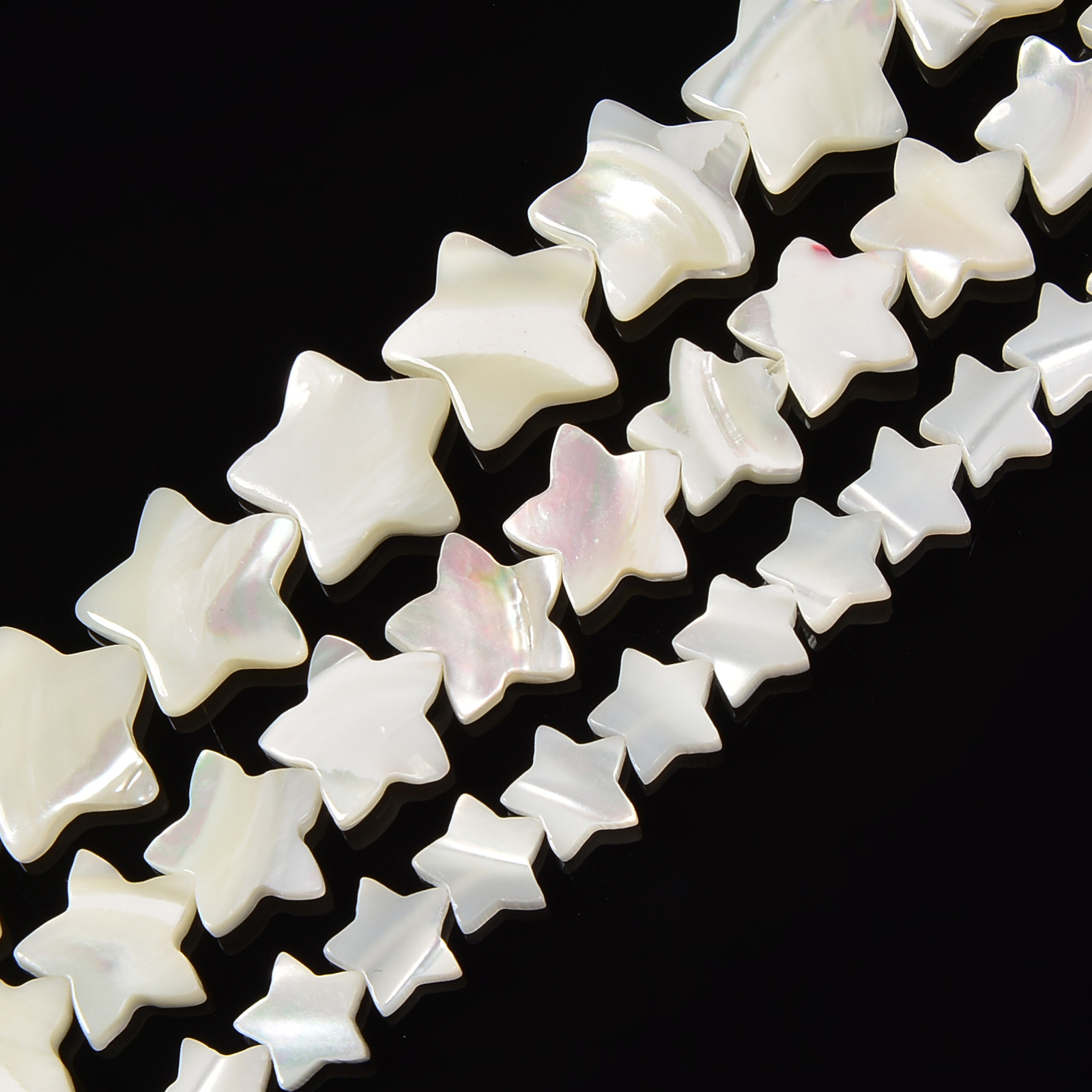 Iridescent White Mother of Pearl MOP Shell Star Beads 8mm to 15mm 15.5” Strand