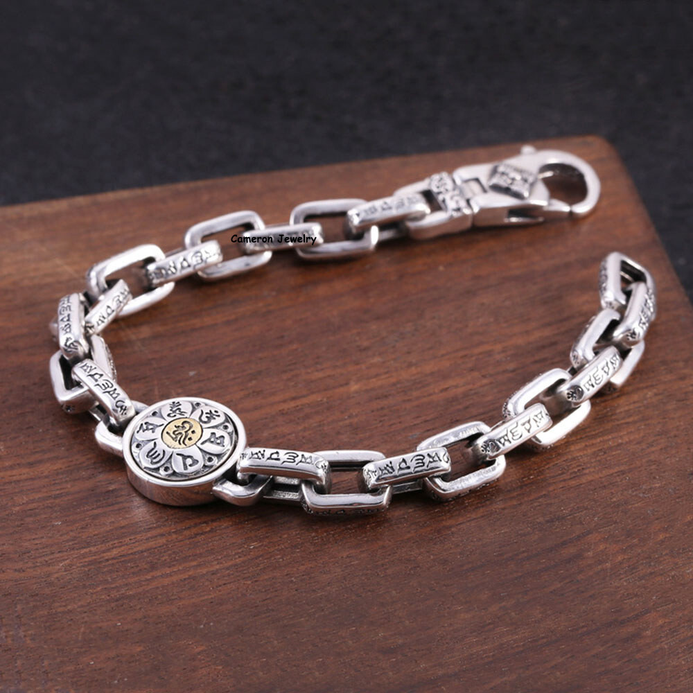 Solid S925 Sterling Silver Bracelet 8mm Six Words Cable O Link Chain 7.1-8.7in
