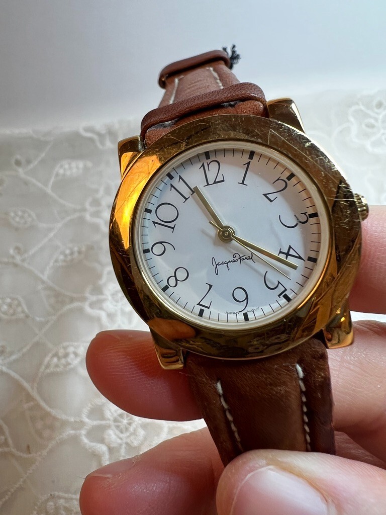 Vintage Jacques Farel Gold Toned Case White Dial Leather Band DD
