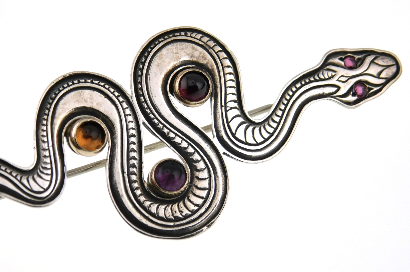1990’s Kit Carson 925 Sterling Silver Snake w Multicolor Gemstones Brooch Pin