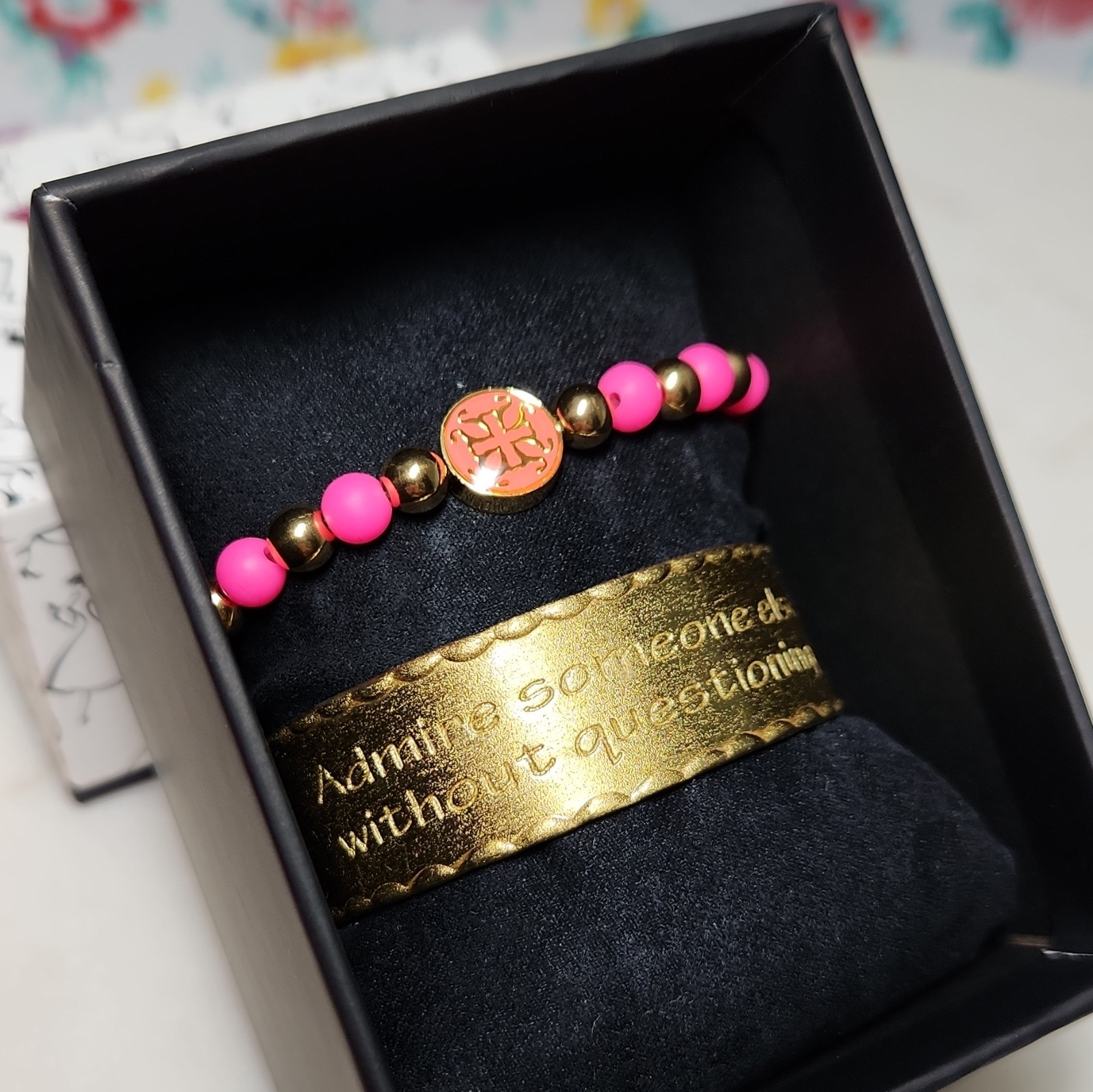 Rustic Cuff Pink & Gold Tone Beaded Charm Bracelet Metal Beads