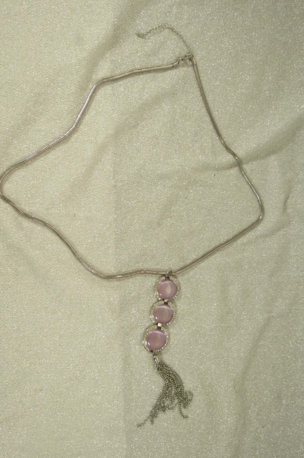 Vintage Lavender & Rhinestone Necklace Silver Tone 24 Inch Long Chain