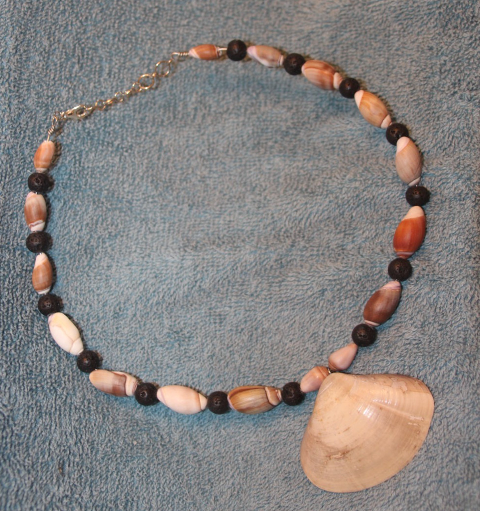 Clam Seashell Necklace with Olive Shells and Black Lava Stone Beads on Wire