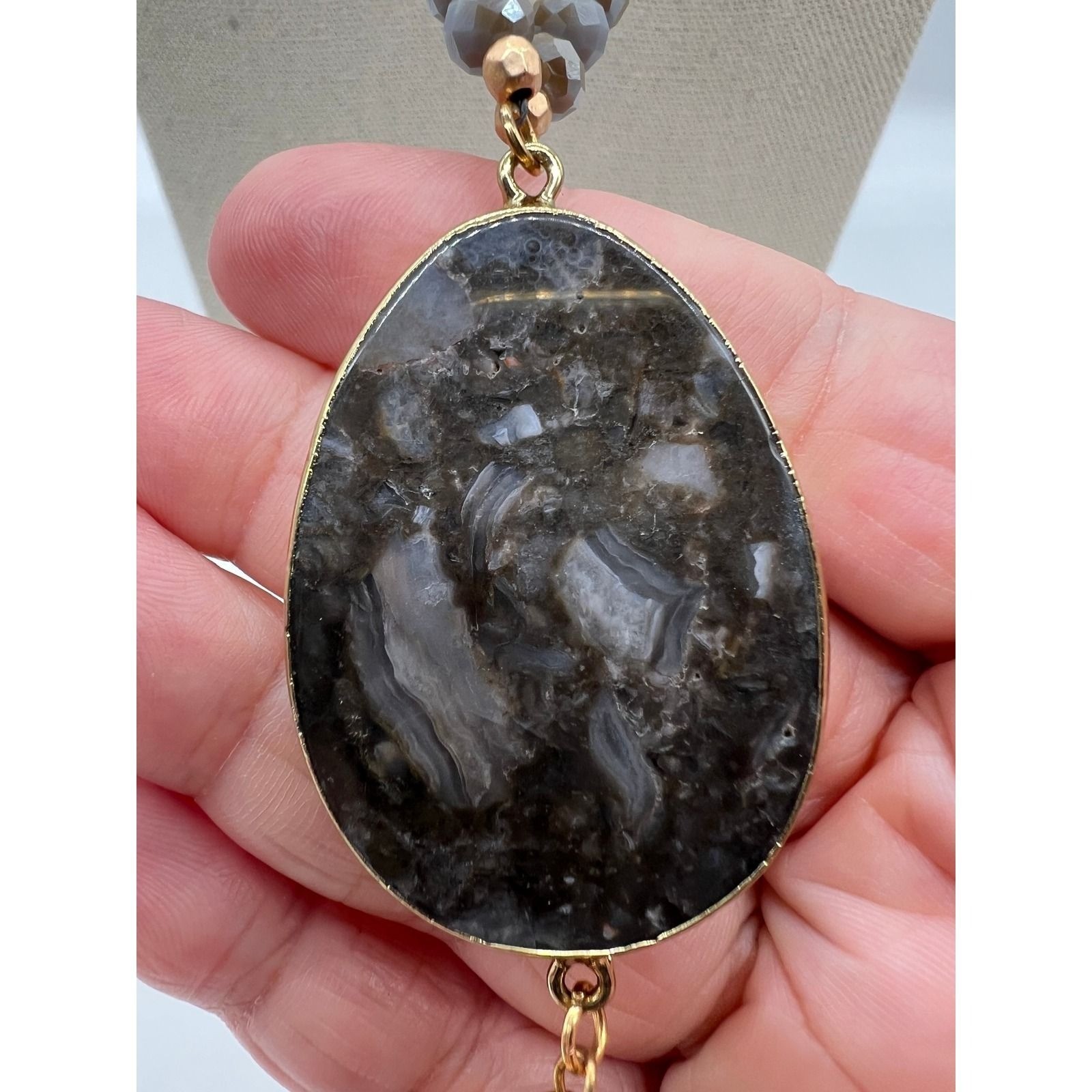 Gray Agate Slice Tassel Pendant Necklace Boho Statement Long Beaded Gray Stone