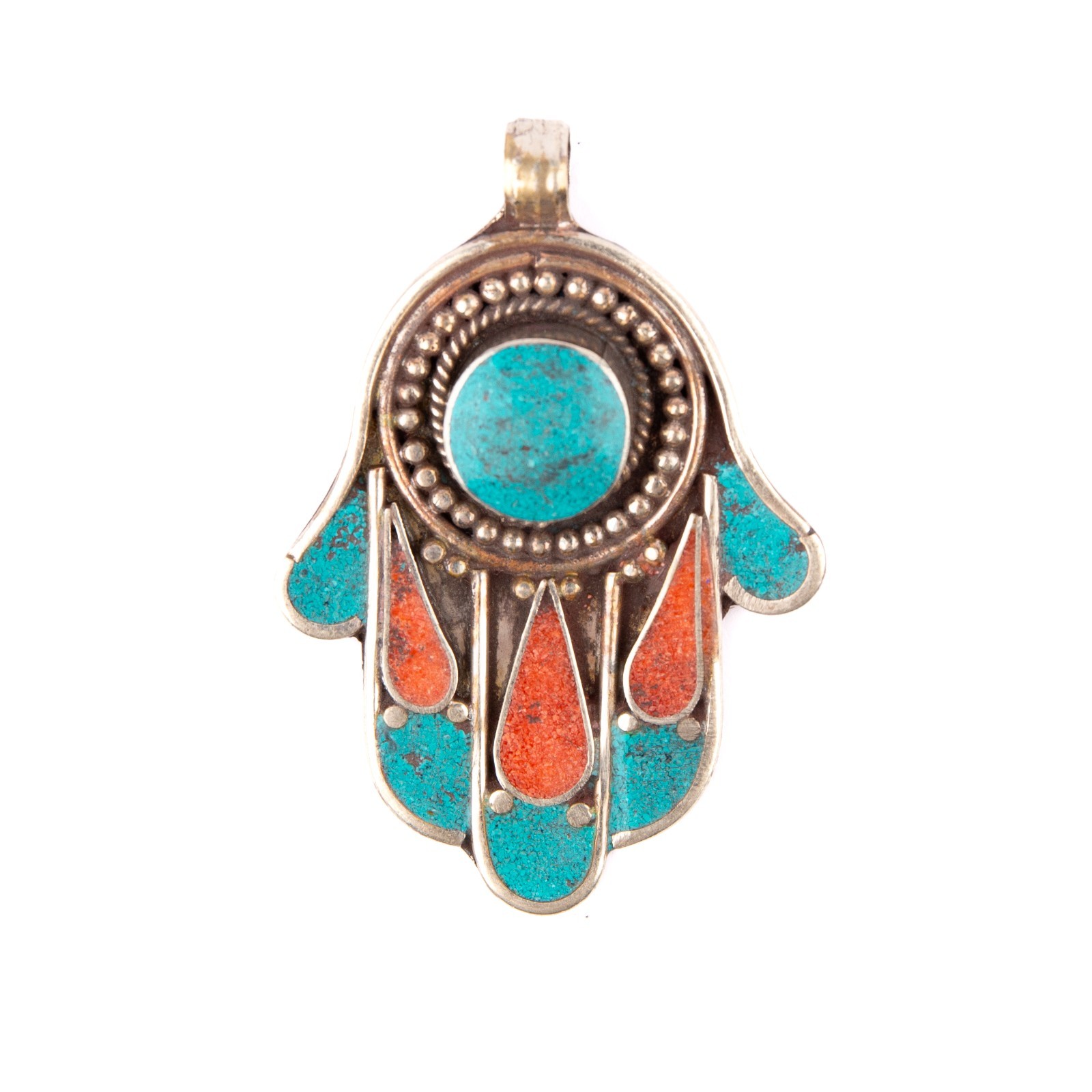 Tibetan Pendant, Hand of Fatima Pendant, Turquoise Stone Amulet, Coral & Lapis