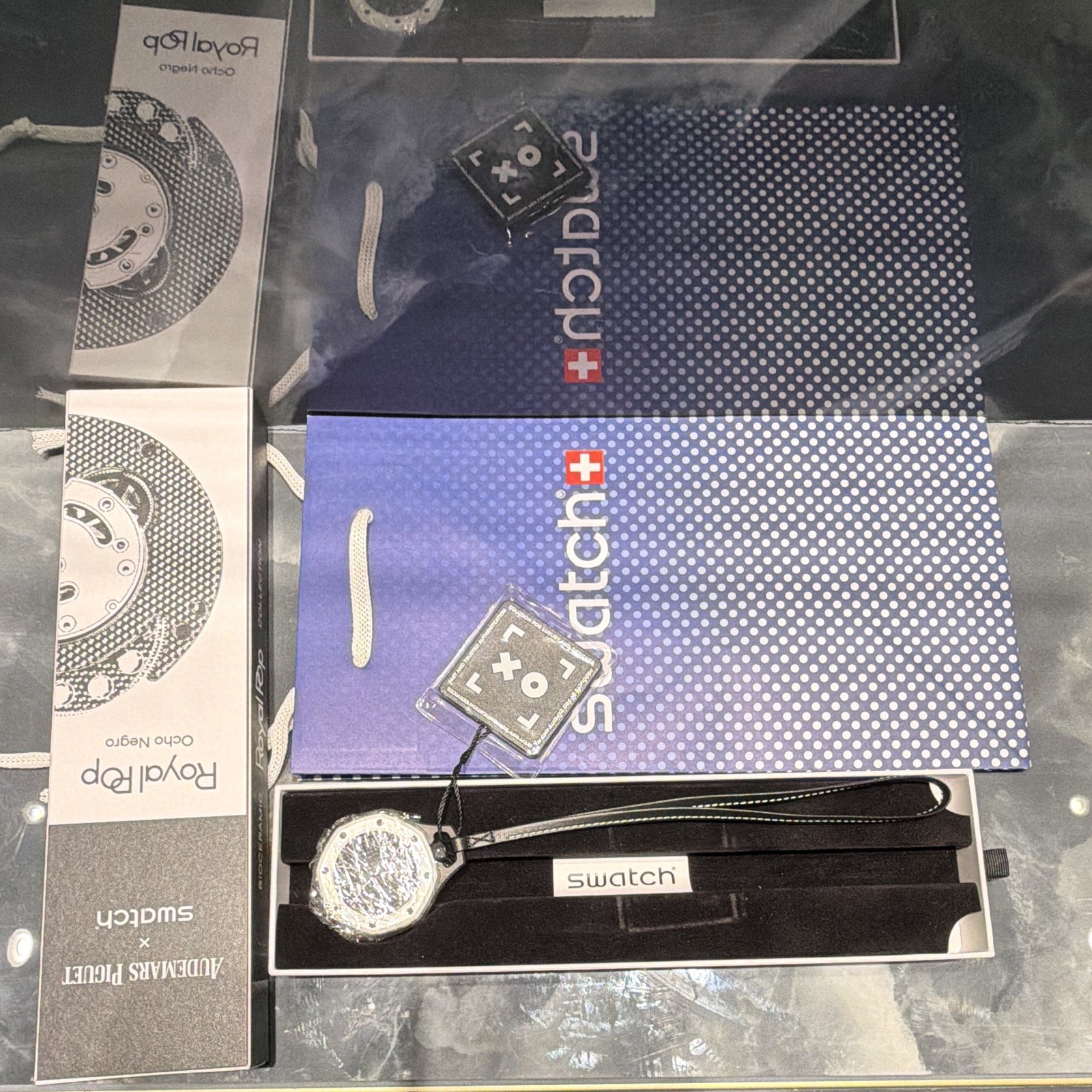 Swatch x Audemars Piguet Royal Oak Quartz Black Dial Silver Case Leather Box