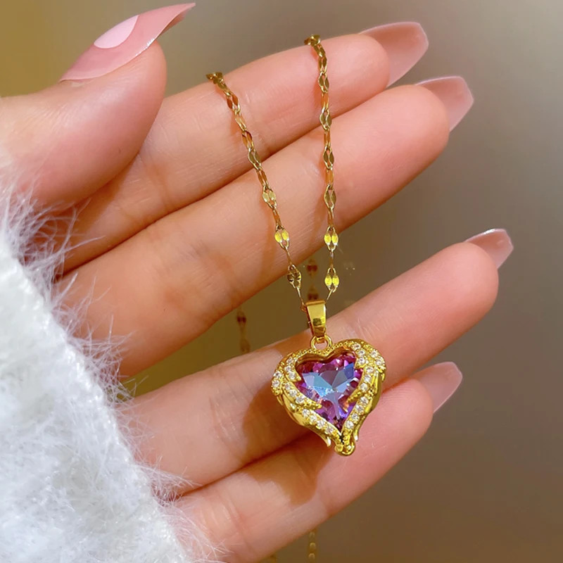 Trendy Rhinestone Heart Pendant Necklace Women 18k Gold Silver Plated Titanium