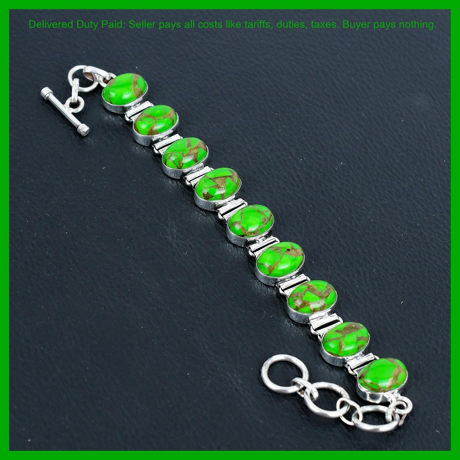 Copper Green Turquoise Stone December Chain Bezel Bracelet Jewelry 925 Silver