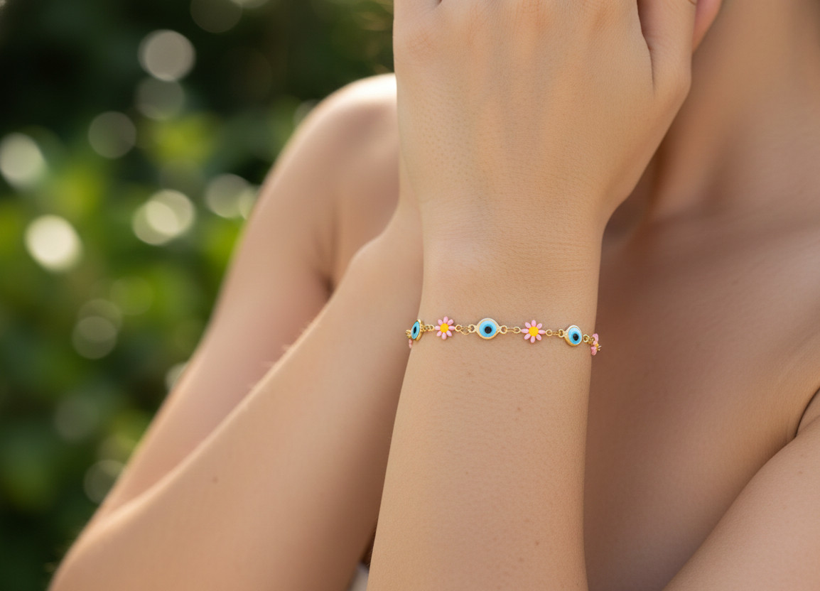 Charming Gold Color Floral Daisy Bracelet Evil Eye Protection Link Chain Bracele