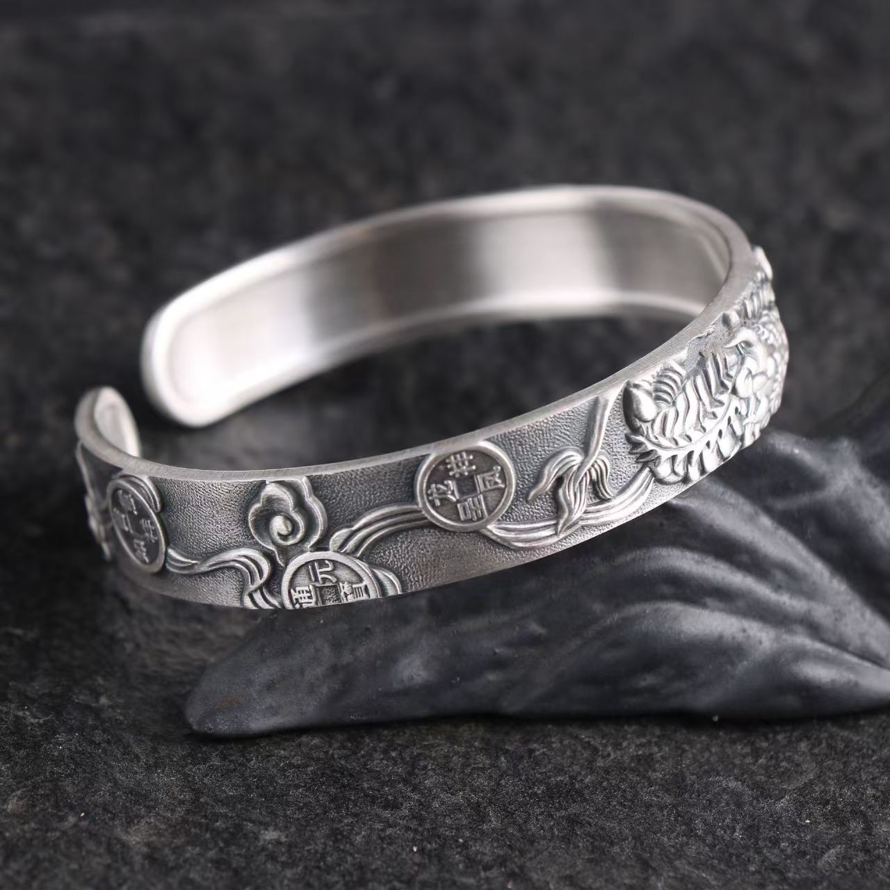 Solid Solid S999 Fine Silver Bracelet Men Women Dragon Pixiu Open Bangle 46-47g