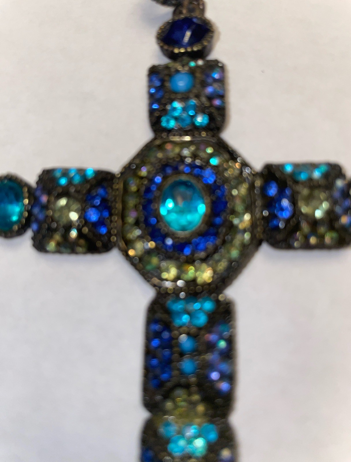 Vintage Cross Pendant Blue Green Other Rhinestones, 3.5”. Beautiful