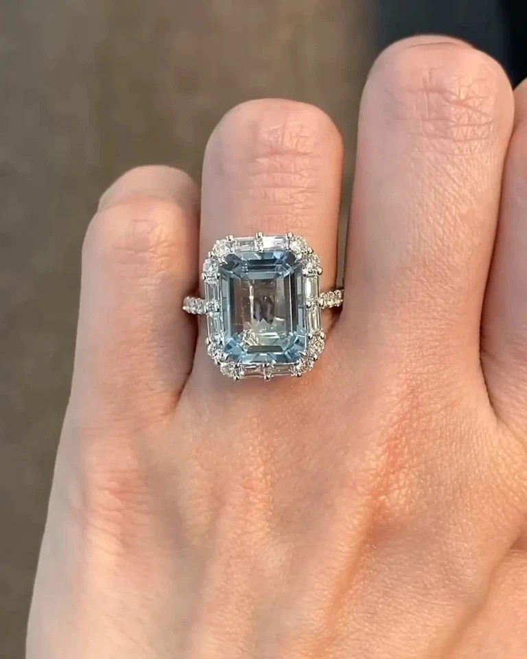 3.75 Ct Emerald Cut Natural Aquamarine Diamond Wedding Ring 14K White Gold