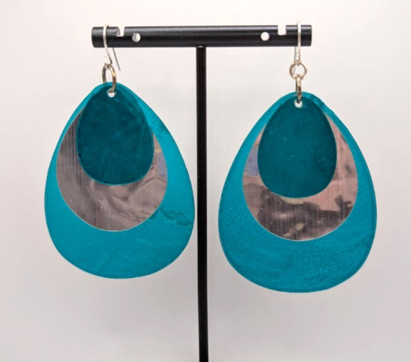 Blue Teal Shell Semi-transparent Silver-tone Teardrop Dangle Drop Earrings