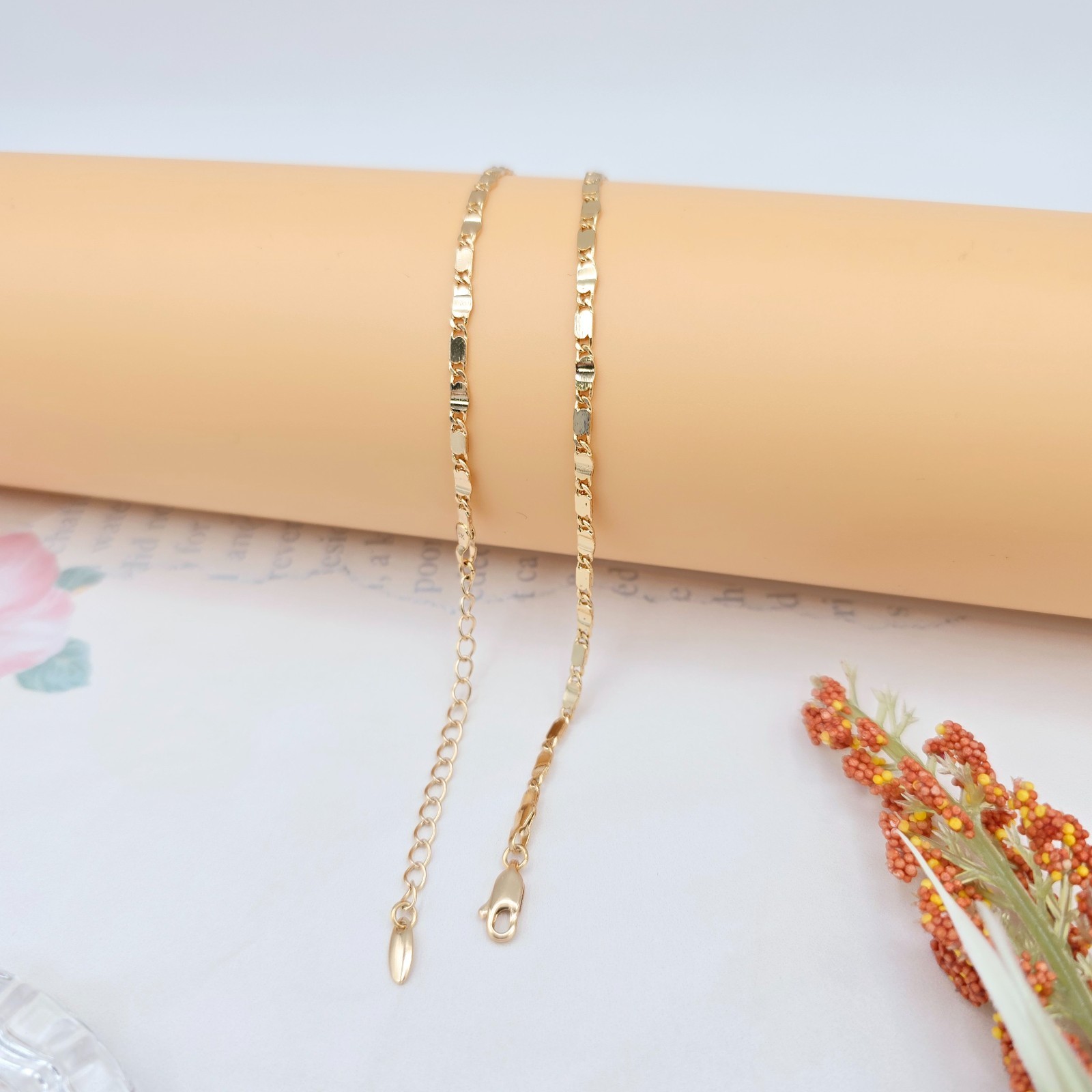 Rose Gold Flat Link Chain Necklace 45+5cm / 17.7+2 Inch Adjustable, XPNL0021
