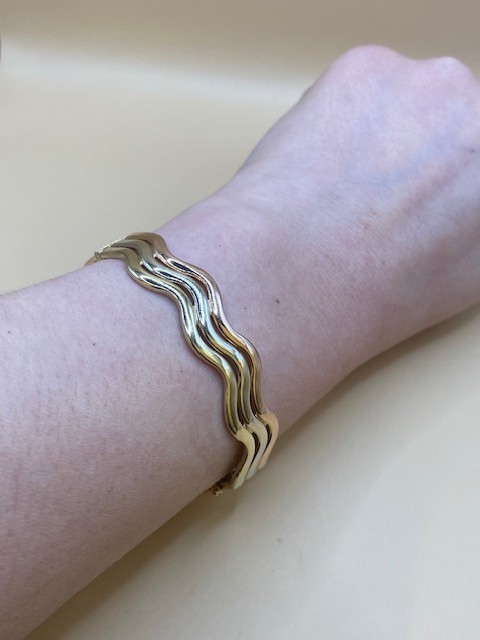 9ct Yellow, Rose And White Gold Triple Wave Bangle-Pre Owned