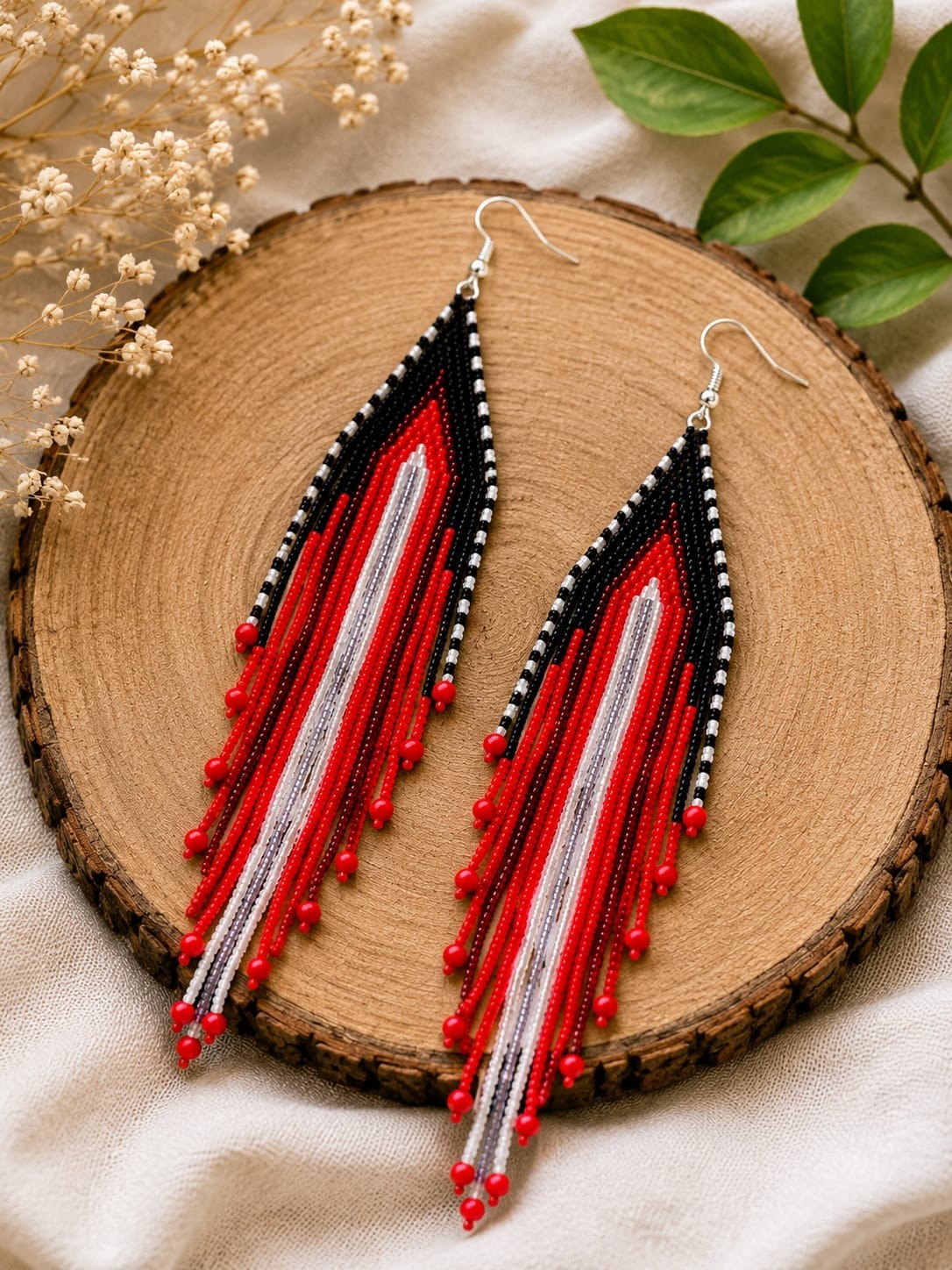 Handmade Seed Bead Fringe Earrings Long Tassel Boho Dangle Statement Jewelry.