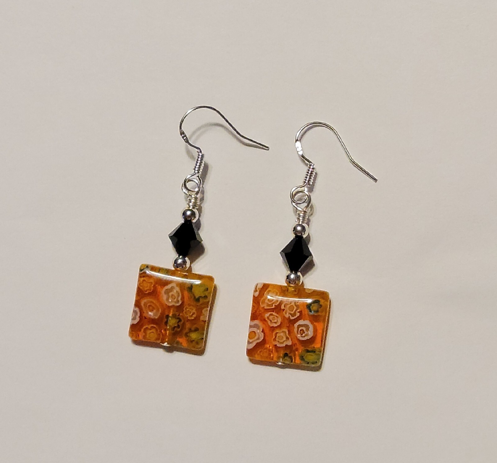 Orange Millefiori Square Beads & Black Crystal Earrings Halloween!