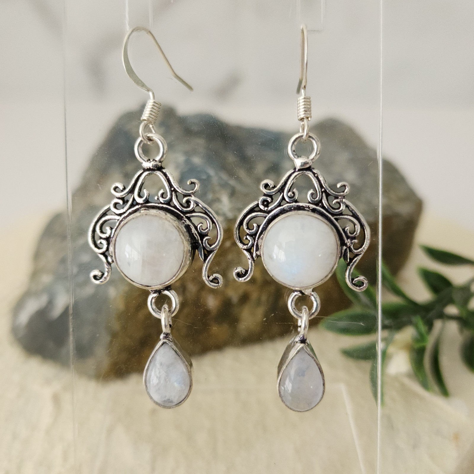 925 Overlay 12.2mm Rainbow Moonstone 2″ Drop Earrings