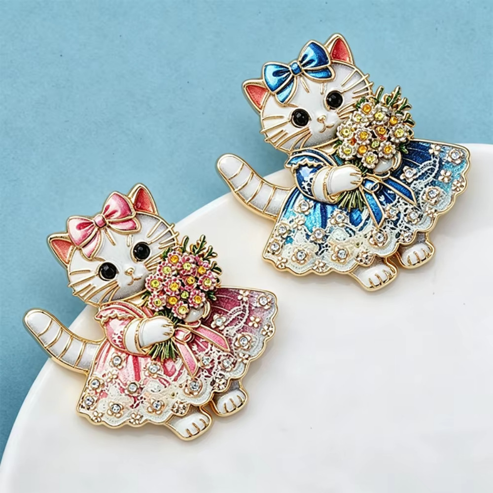 Blue Cat Brooch Pin Rhinestone Crystal Kitten Flower Bouquet Animal Jewelry Gift