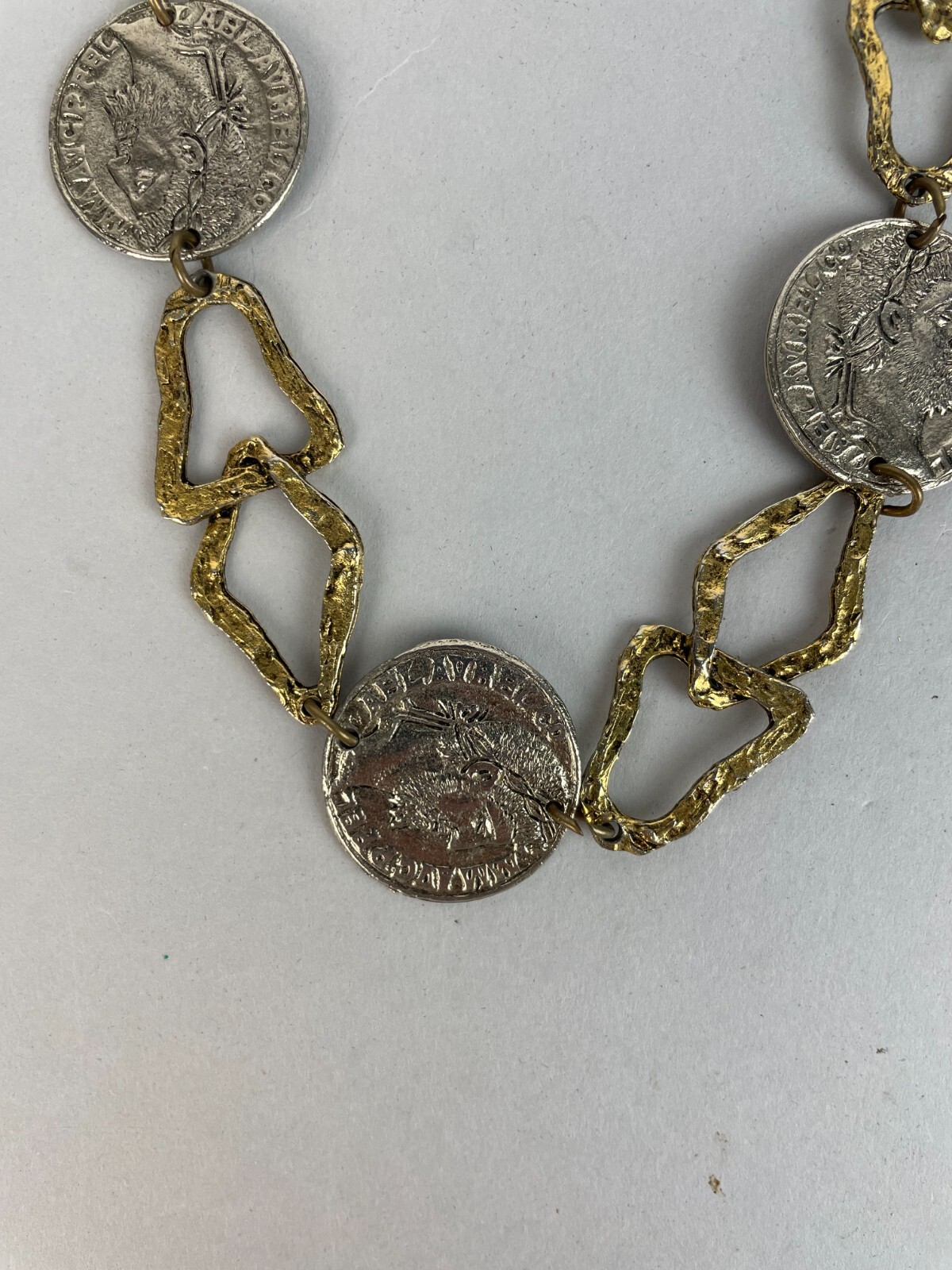 Vintage 1970’s Silver & gold tone Faux Roman Coins Long Rope style Necklace 18″