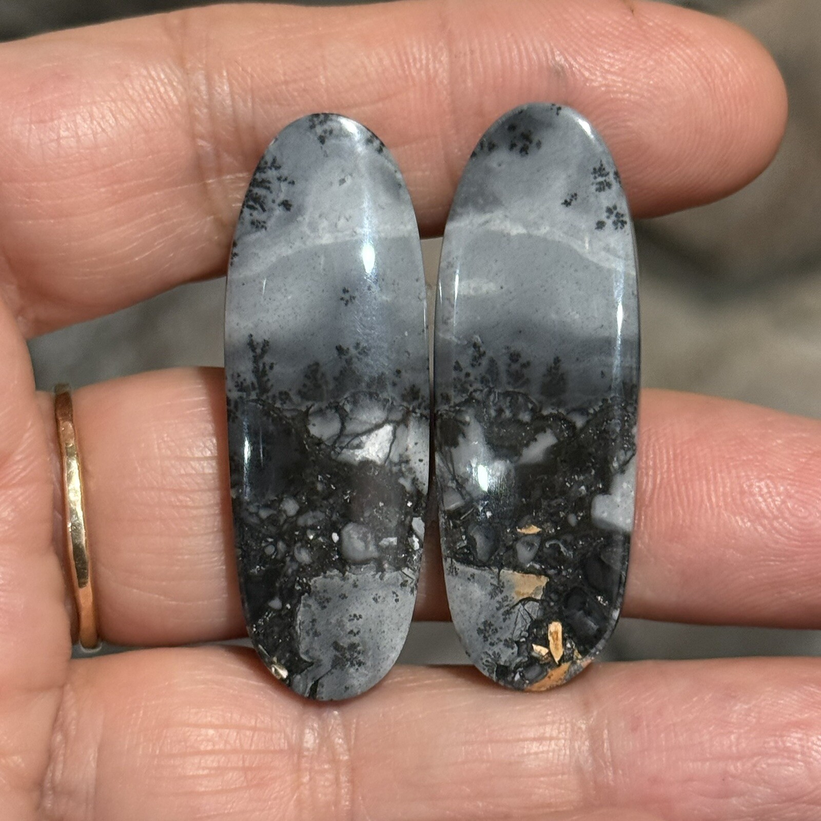 59ct 41×14.5×4.8mm Pair Fine Gray Scenic Oval Picture Maligano Jasper Cabochons