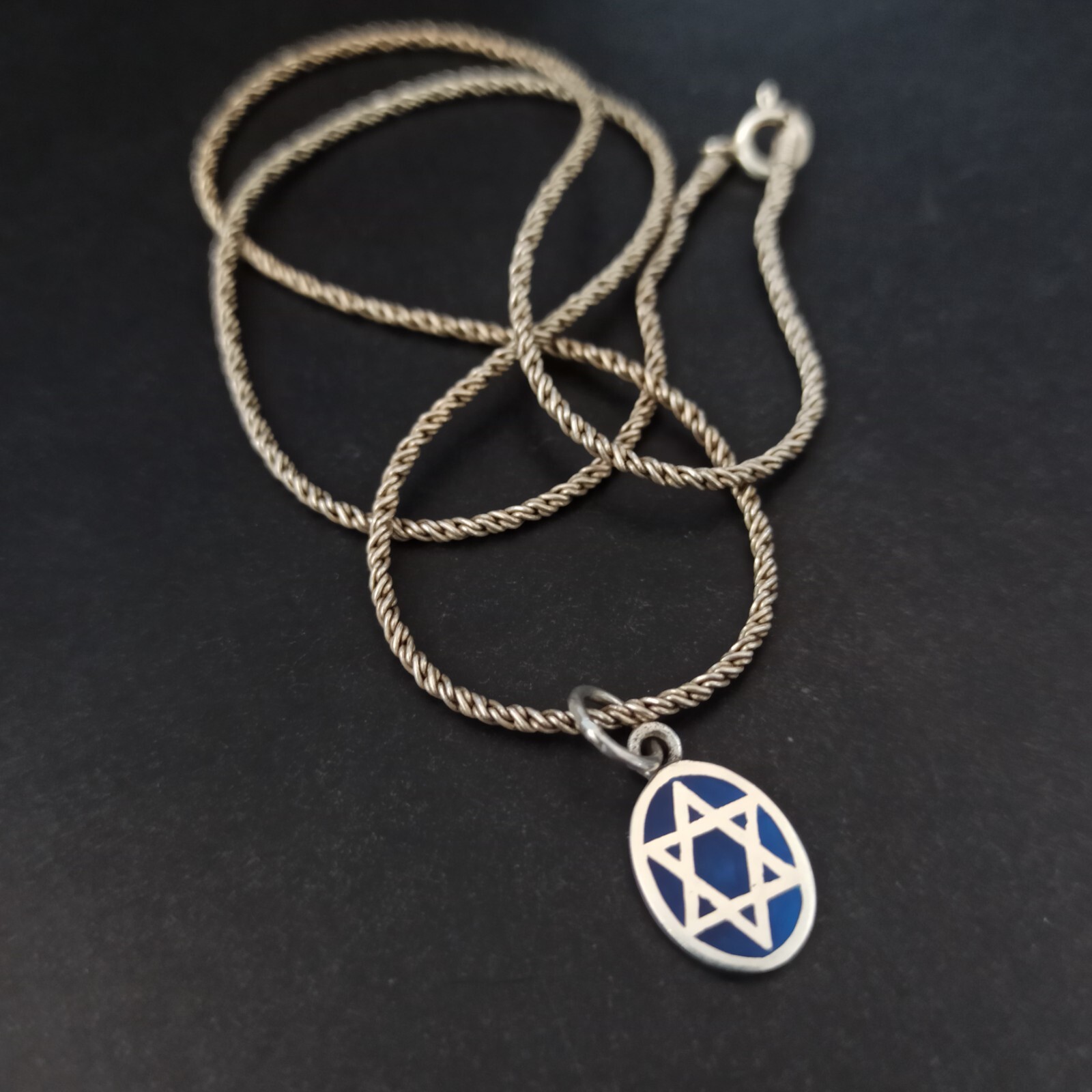 Star of David Necklace Silver Dark Blue Enamel Thick Chain Retro Classic Gift