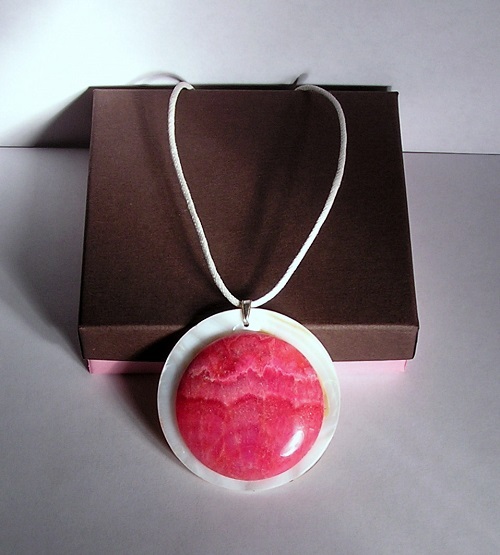 Medium Red Argentine Rhodochrosite, 40 mm Cab Necklace W/Adjustable White Cord