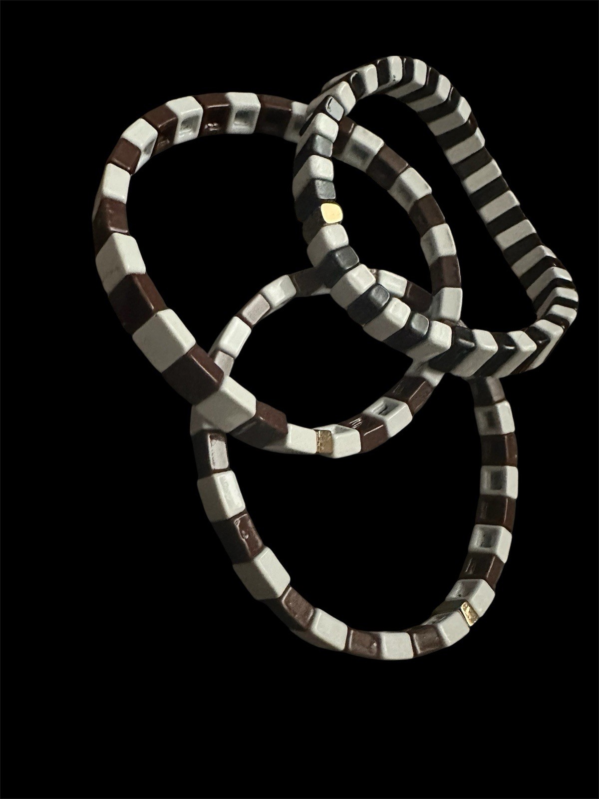 3 Beaded Chicklet Enamel Tile Stretch Bracelet 2 Brown & White /1 Black & White