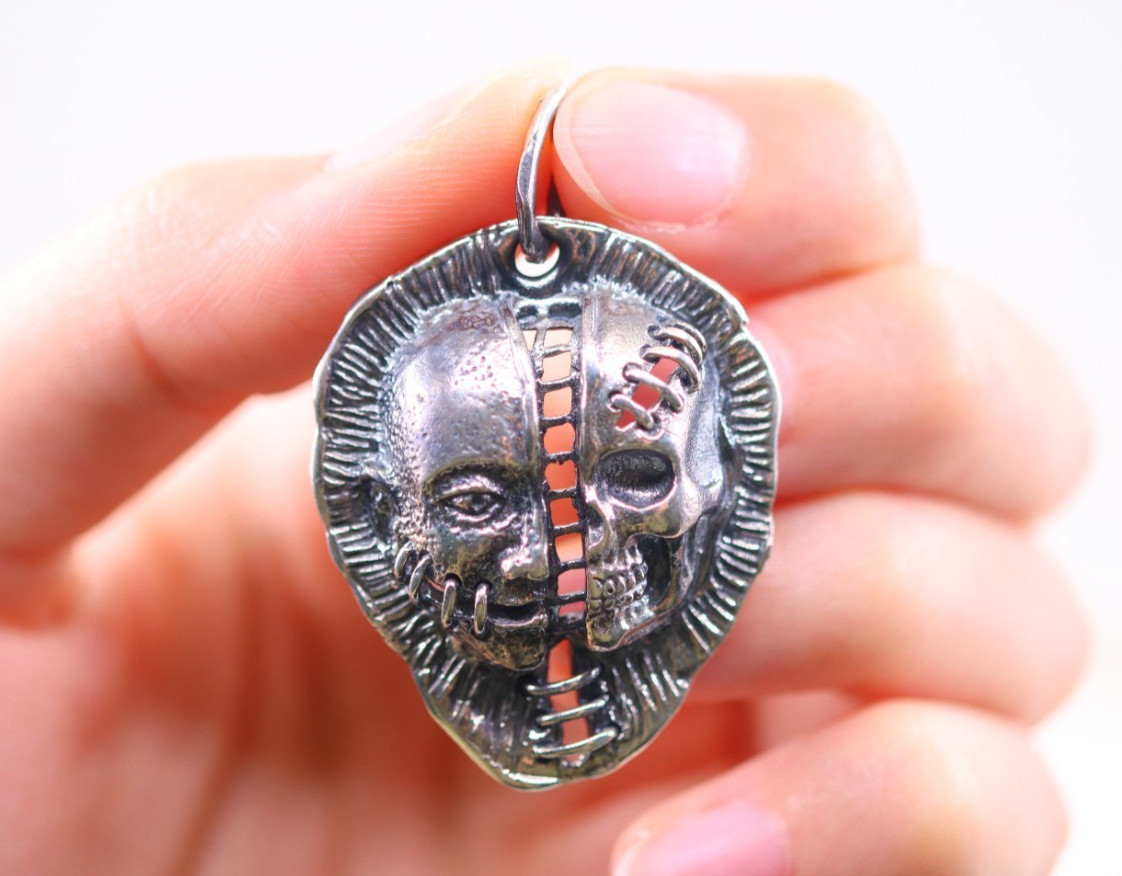 Sterling Silver 925 Unisex Split Half Skull Half Face Stitched Pendant