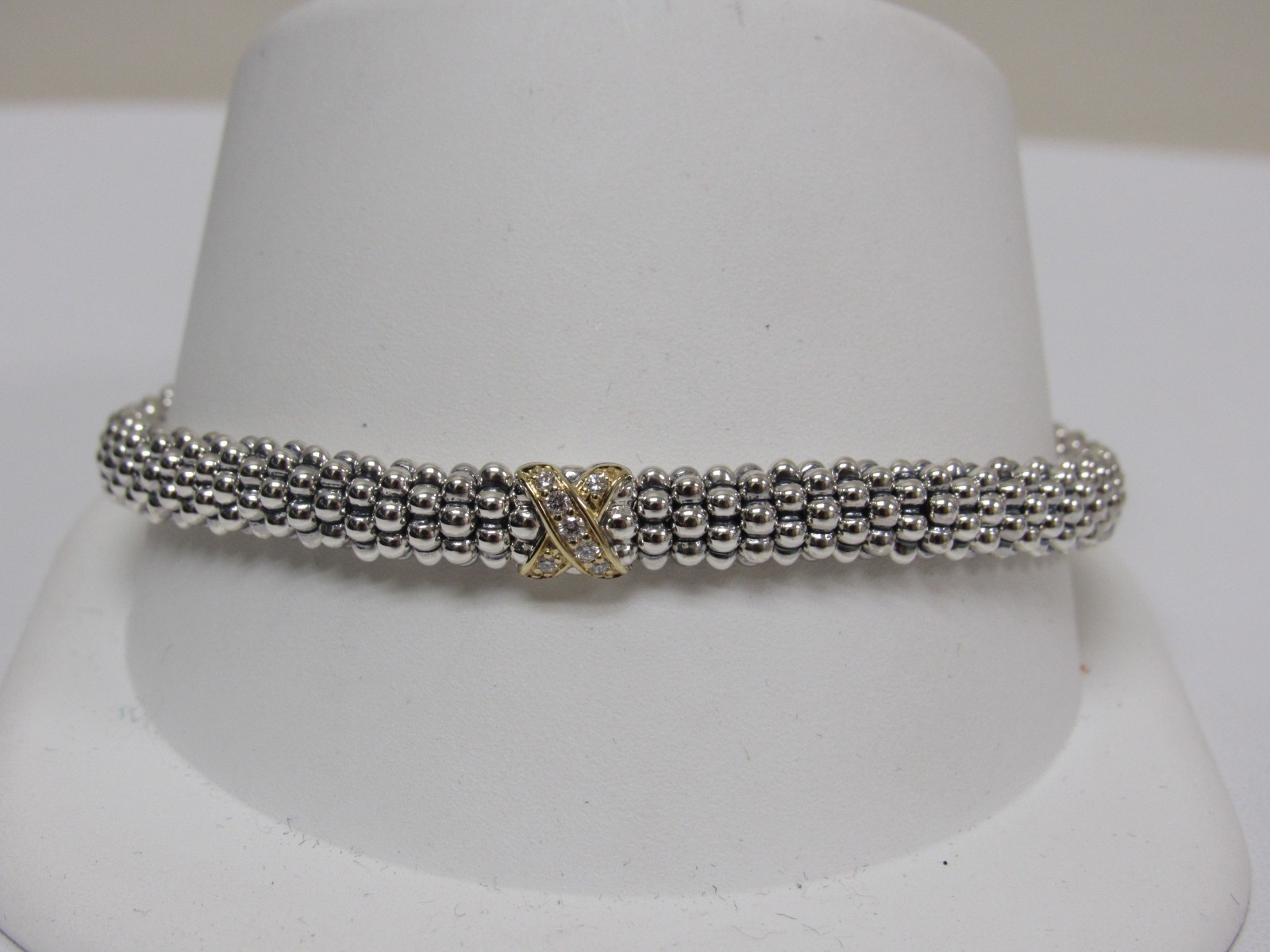 Designer LAGOS Sterling Silver 18K Diamond Pave’ Embrace Caviar Beaded Bracelet