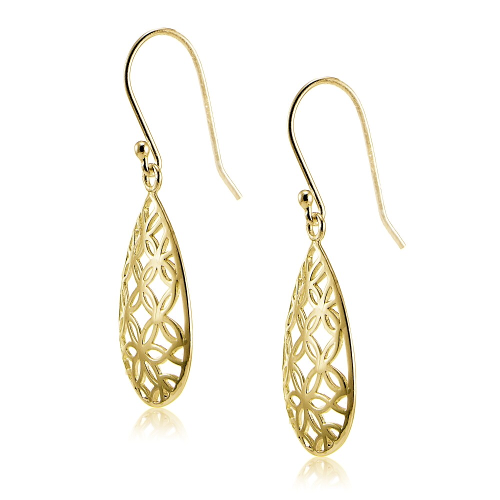 Yellow Gold Flashed Sterling Silver Filigree Floral Design Teardrop Earrings
