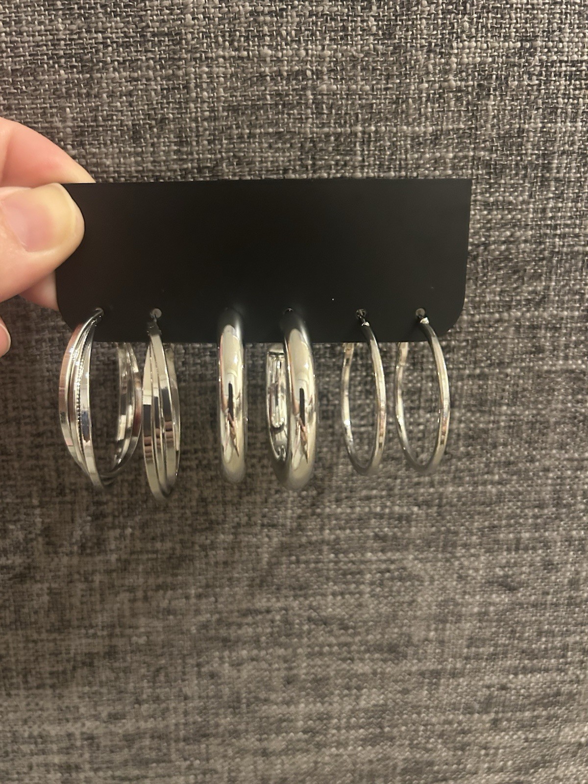 Silver Tone Round Hoop Earrings Set 3 Pairs Hinged Closure No Stone Metal