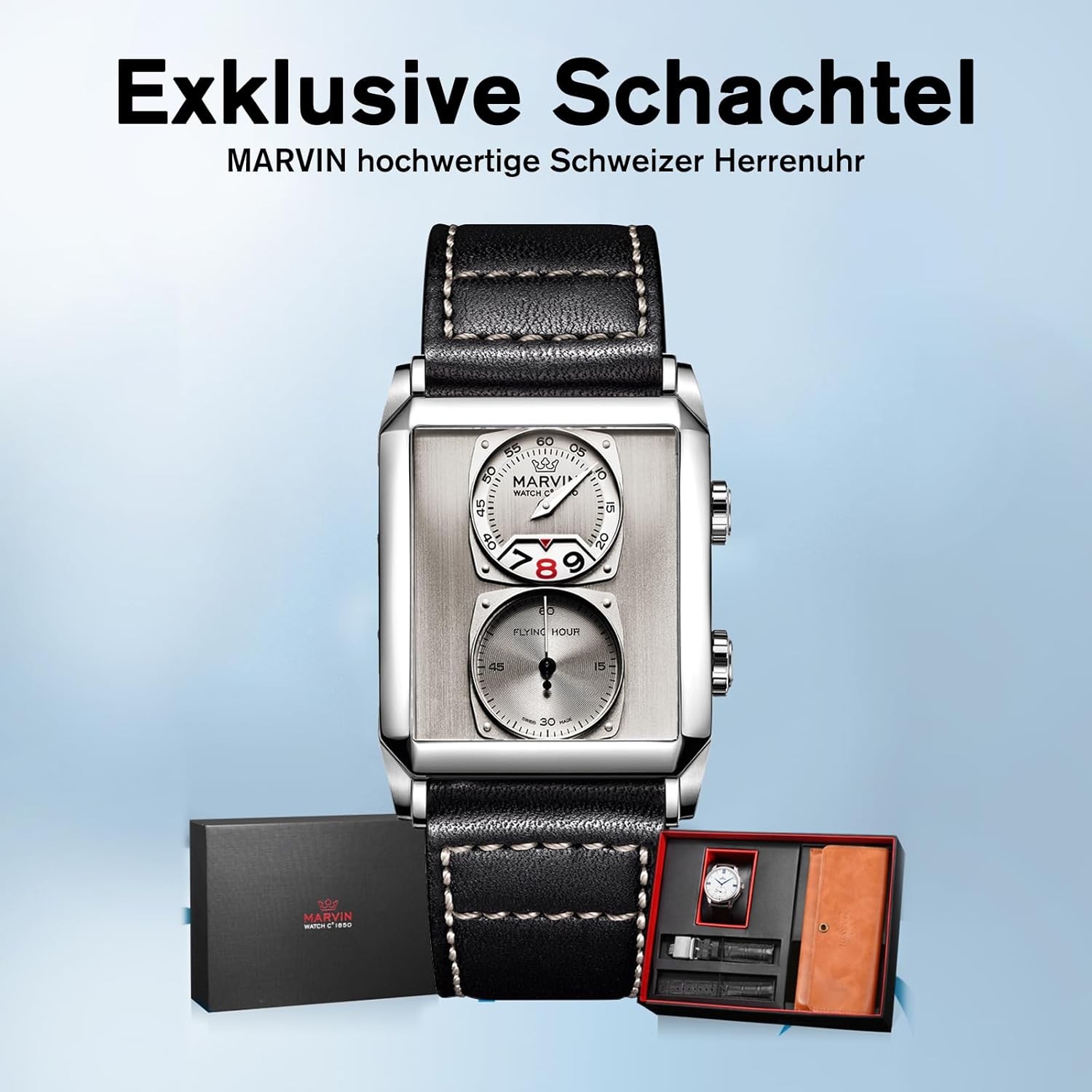 Watches for Men Swiss Mens Watch in Stainless Steel with Leather Strap and Recta
