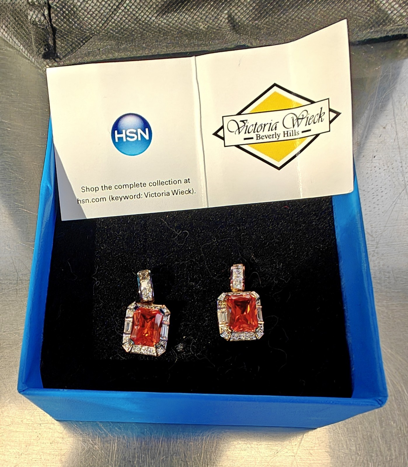 Victoria Wieck Padparadscha Sapphire Earrings rare & emerald-cut orange gemstone