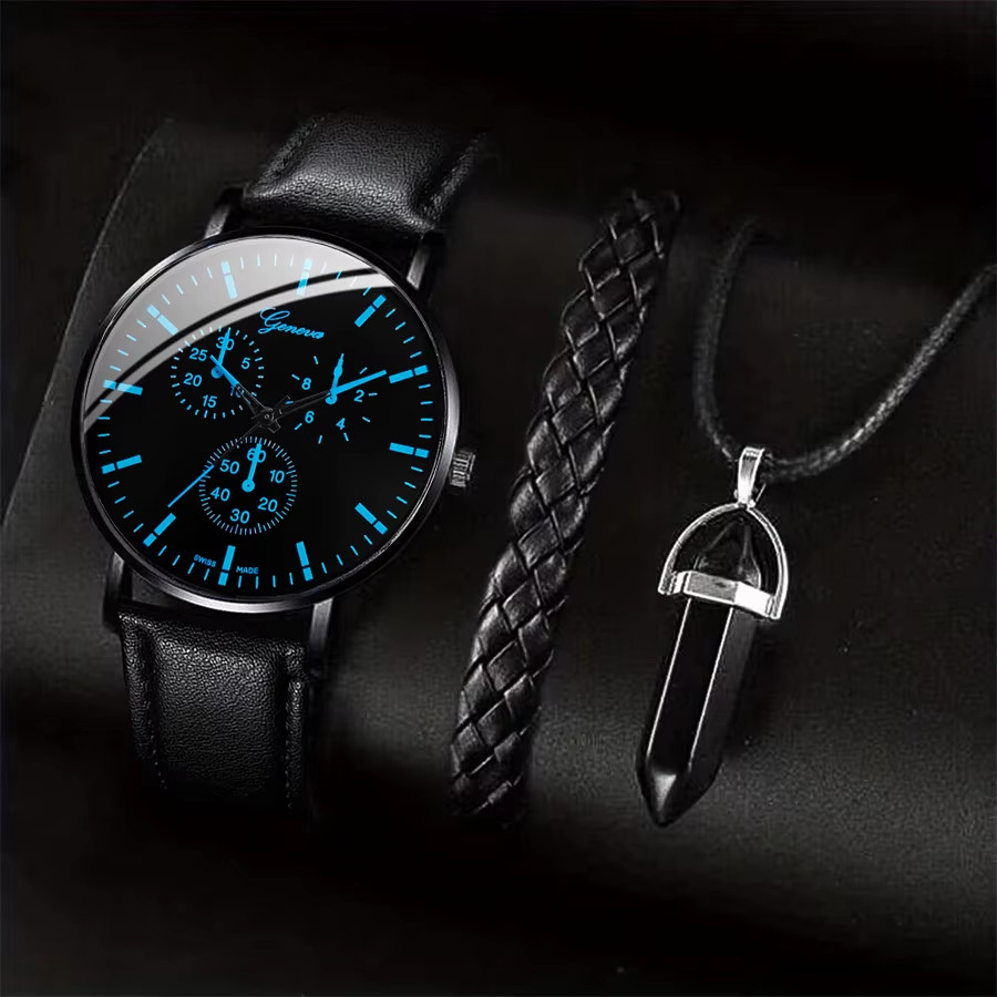 Mens Quartz Watch Leather Strap Bracelet Necklace Gift Set 3PCS Analog Watch