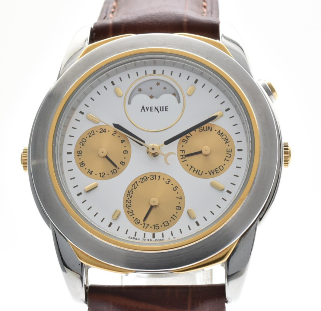 SEIKO Avenue 7F39-6080 Moon phase Day Date 34mm Vintage Quartz Men’s Watch JAPAN