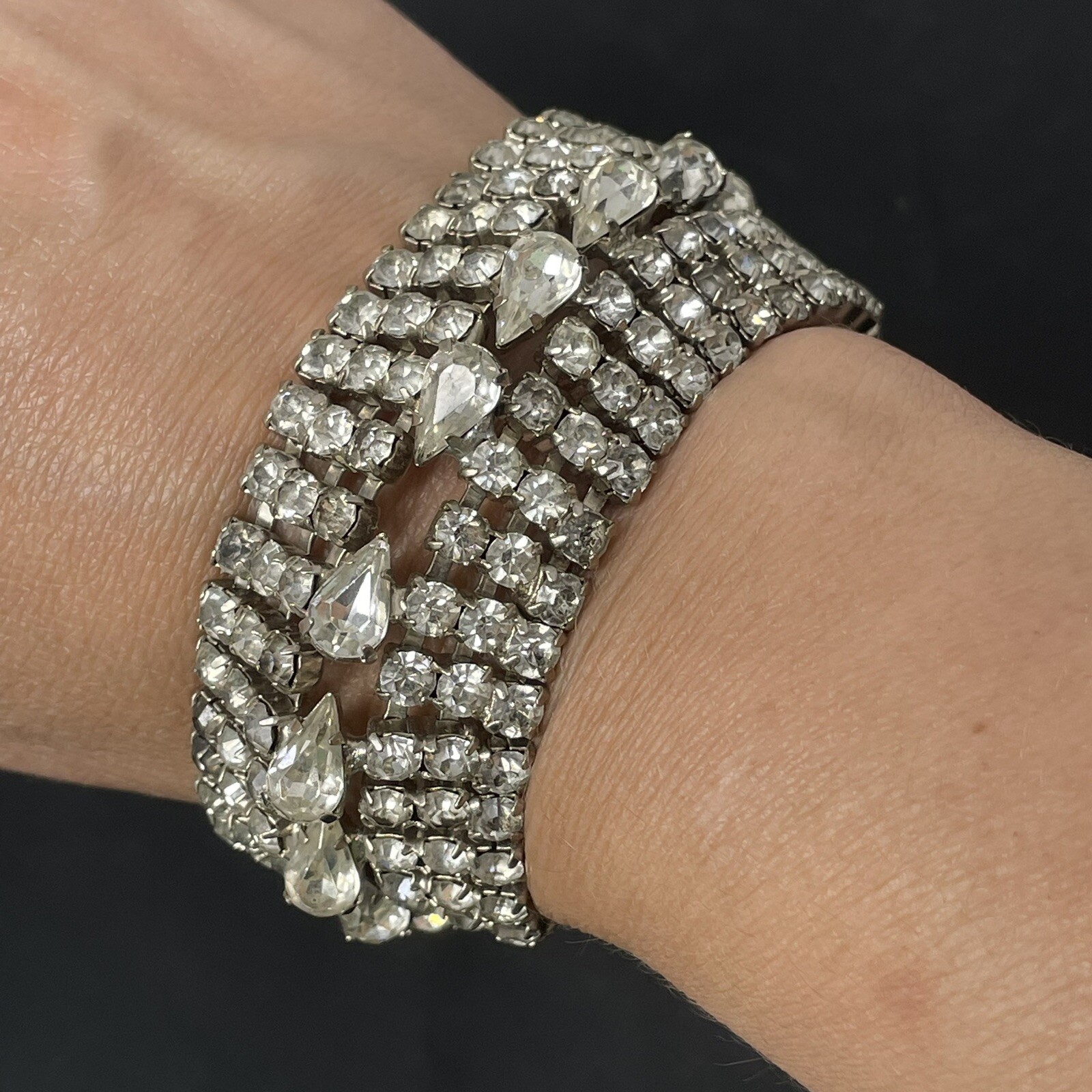 Vintage Clear Pear Shaped and Round Rhinestone 6 Row Bracelet 7.5 Inch Long Cuff