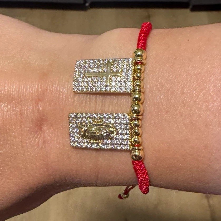 Red Cord Adjustable Drawstring Bracelet w/ Gold-Tone Beads & Clear Rhinestone