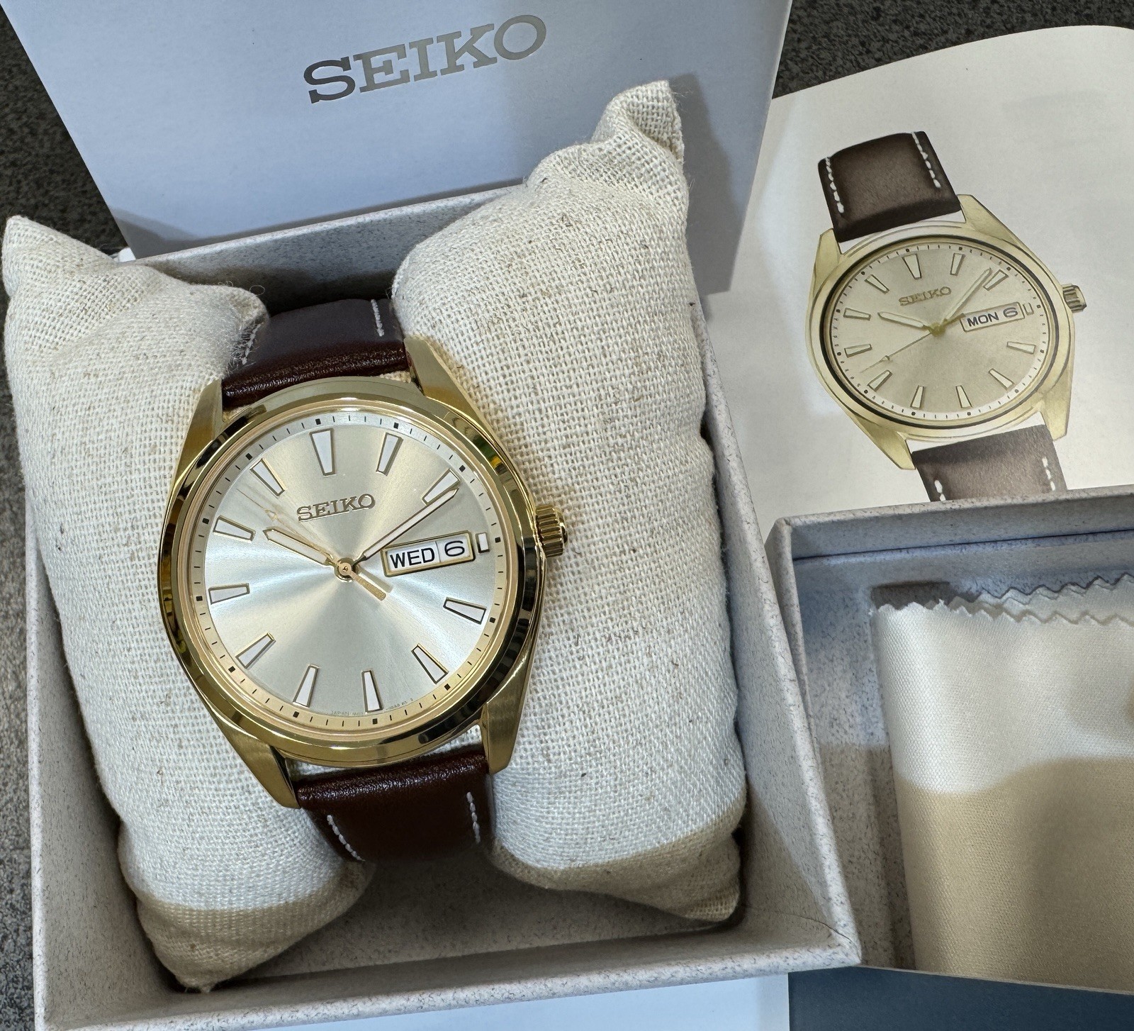Seiko Quartz Classic Men’s Gold Tone Leather Strap Watch SUR450 Made In Japan