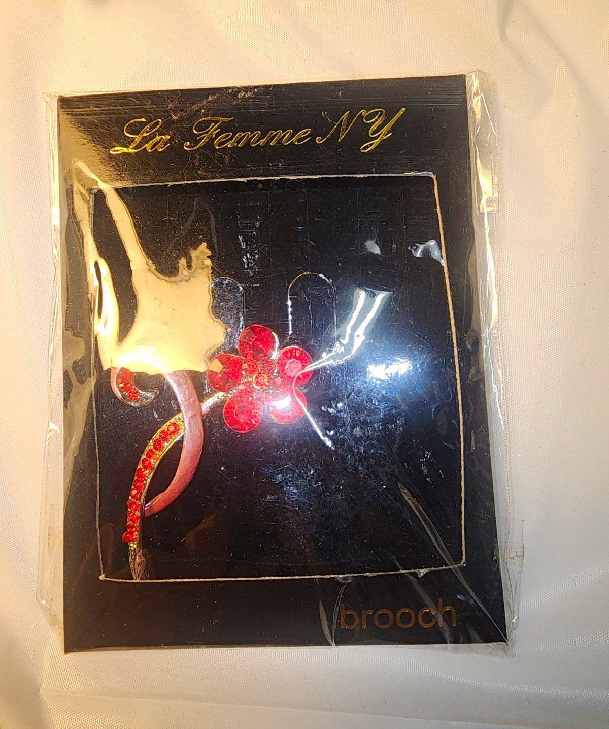 Vintage La Femme NY Red Rhinestone Floral Flower Brooch Pin