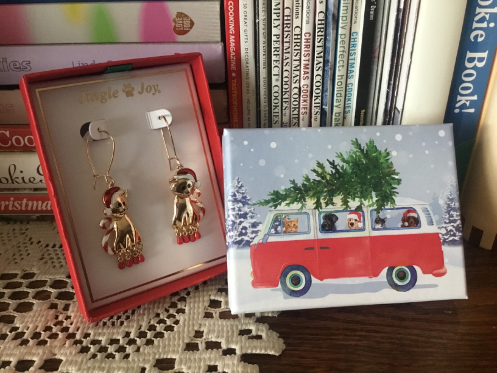 Jingle & Joy Christmas Kitty Cat With Santa Hat & Striped Tail Dangle Earrings